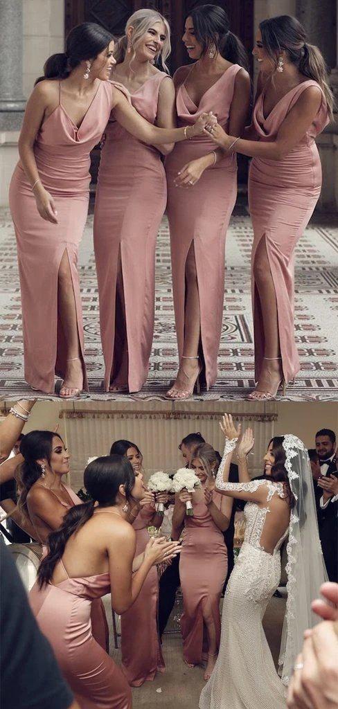 V neck Side Slit Mermaid Dusty Pink Long Bridesmaid Dresses Online, Cheap Bridesmaids Dresses, WG746