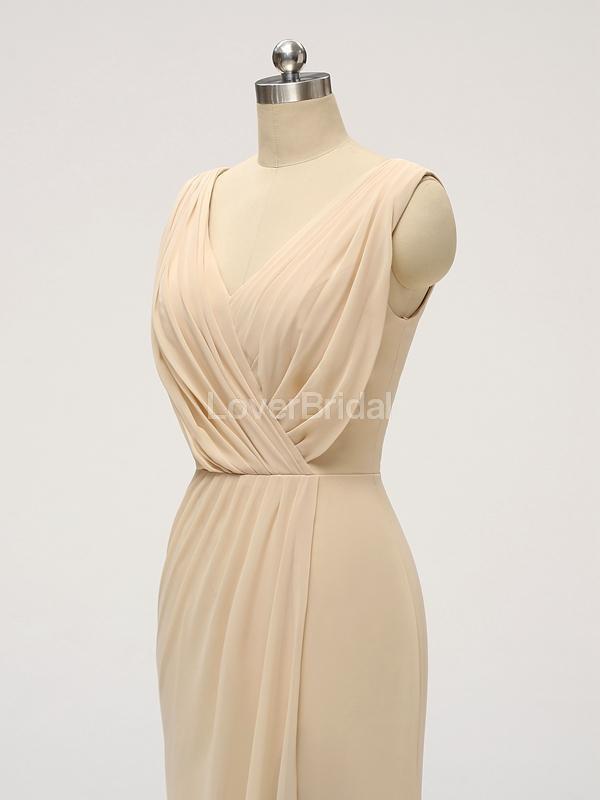 V Neck Side Slit Ruffle Chiffon Cheap Bridesmaid Dresses Online, WG586