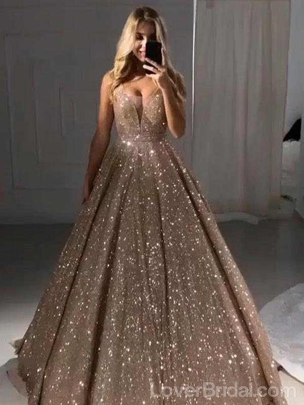 V Neck Sparkly Sequin A-line Long Evening Prom Dresses With Pockets, Cheap Custom Party Prom Dresses, 18606