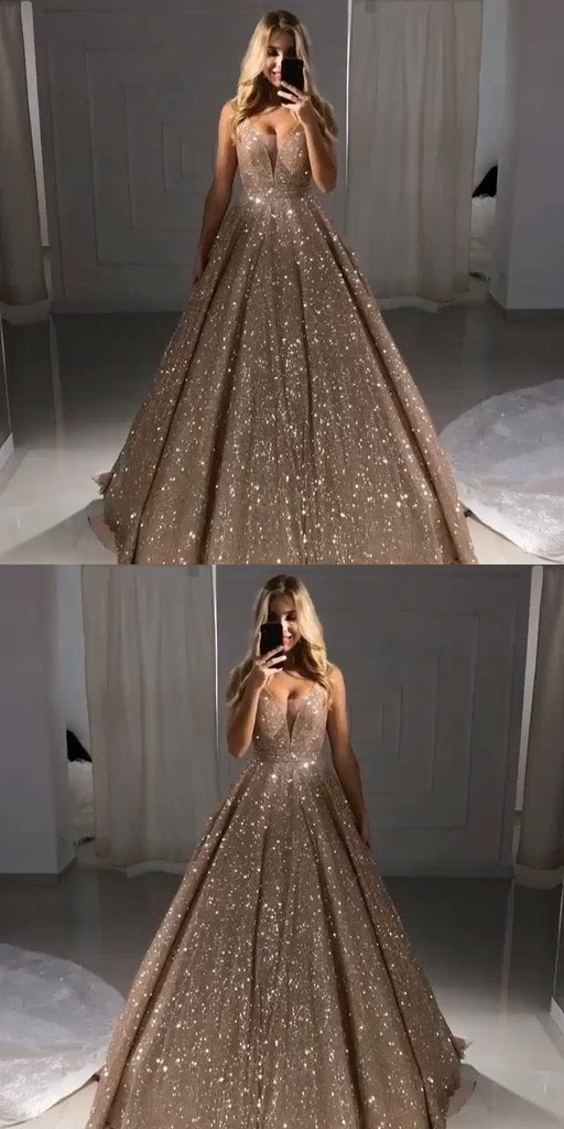 V Neck Sparkly Sequin A-line Long Evening Prom Dresses With Pockets, Cheap Custom Party Prom Dresses, 18606