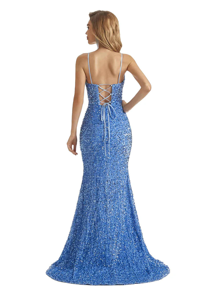 Blue Mermaid Spaghetti Straps V-neck High Slit Cheap Long Prom Dresses,12673