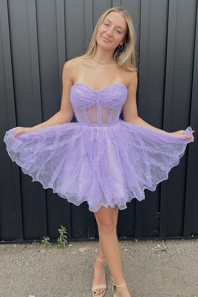 Cute A-line Purple Strapless Mini Short Prom Homecoming Dresses,CM1026