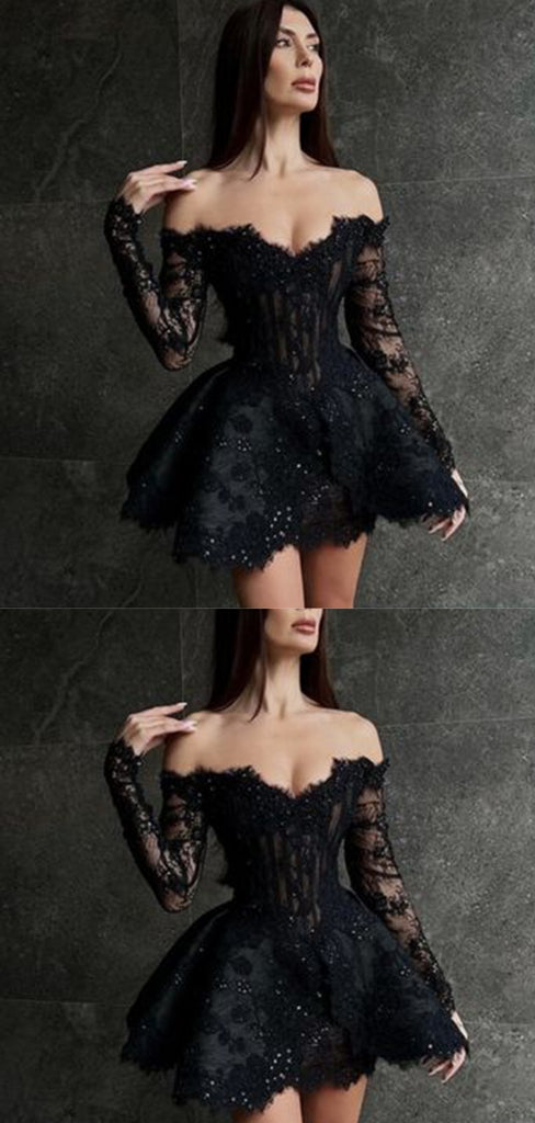 Sexy Black A-line Off Shoulder Long Sleeves Short Prom Homecoming Dresses,CM981