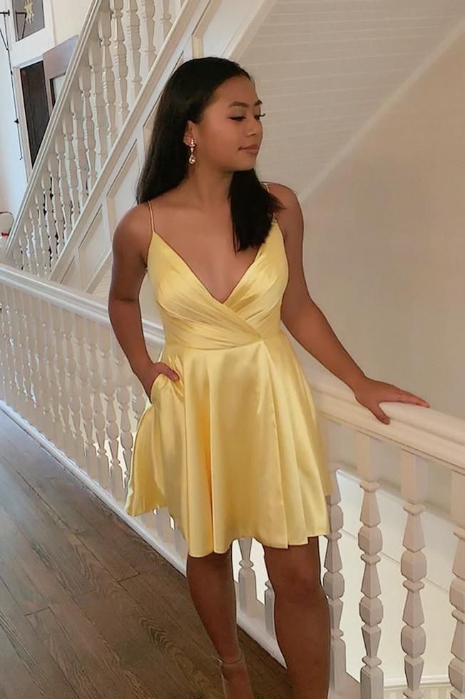 Sexy A-line Yellow V-neck Mini Short Prom Homecoming Dresses Online,CM1010