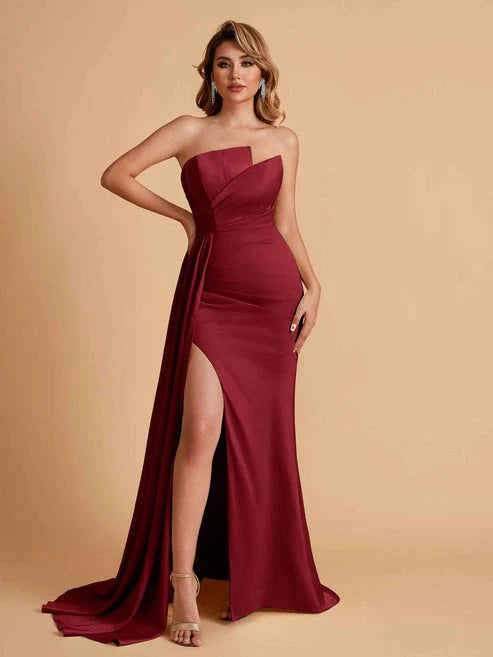 Mismatched Burgundy Side Slit Mermaid Maxi Long Bridesmaid Dresses,WG1641