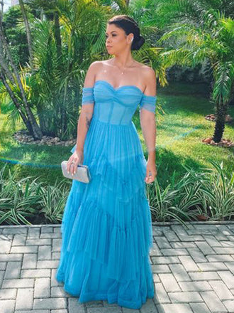 Blue A-line Off Shoulder Maxi Long Party Prom Dresses,Evening Dress,13286