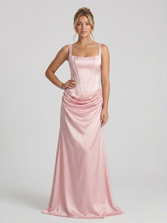 Blush Pink Satin Square Neck Corset Lace Up Prom Dress 26035
