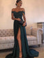 Dark Green Off Shoulder Sexy Side Slit Fashion Long Evening Prom Dresses, Popular Cheap Long Party Prom Dresses, 17305