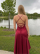 Elegant Cowl Neck Ruched Asymmetrical Slit Burgundy Satin Prom Dress, 26001
