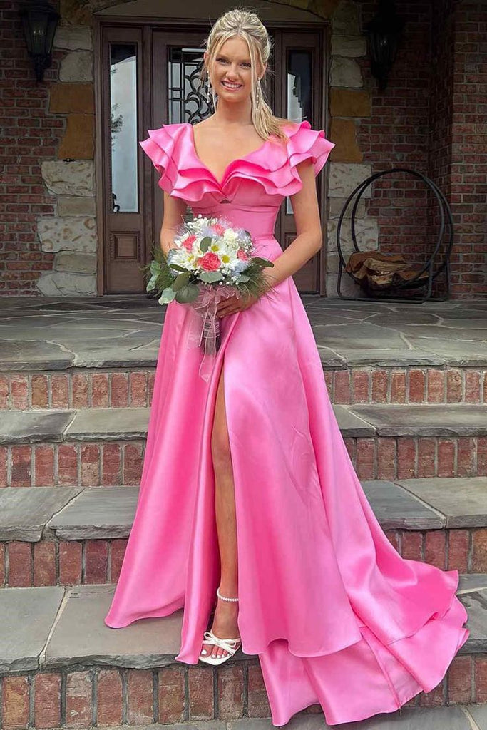 Elegant Pink A-line Side Slit Maxi Long Party Prom Dresses, Evening Dress,13161
