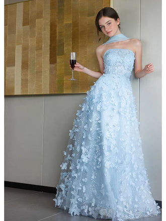 Floral Blue A-line Long Party Prom Dresses To Impress,Evening Dress,13567