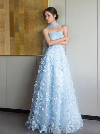 Floral Blue A-line Long Party Prom Dresses To Impress,Evening Dress,13567