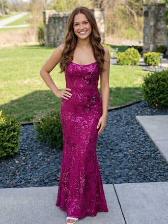 Fuchsia Floral Sequin Scoop Neck Open Back Mermaid Prom Dress, 26022