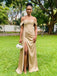 Gold Satin Off The Shoulder Corset High Slit Bridesmaid Dress 26034