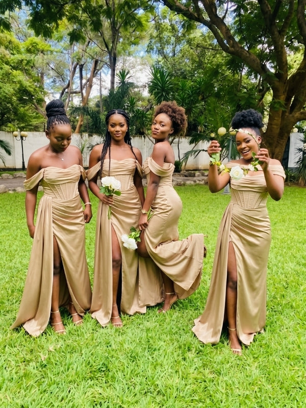 Gold Satin Off The Shoulder Corset High Slit Bridesmaid Dress 26034
