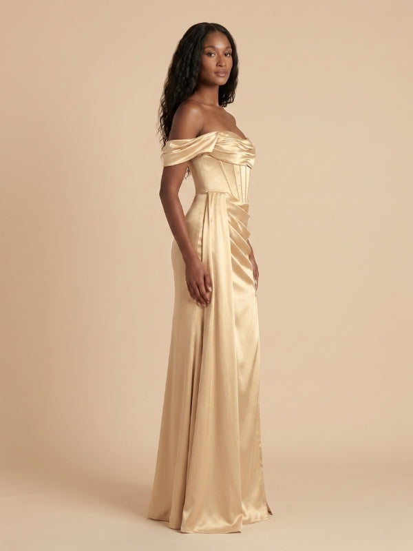 Gold Satin Off The Shoulder Corset High Slit Bridesmaid Dress 26034