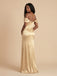 Gold Satin Off The Shoulder Corset High Slit Bridesmaid Dress 26034