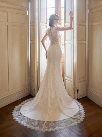 Gorgeous Mermaid Off White V-neck Maxi Long Handmade Lace Wedding Dresses,WD806