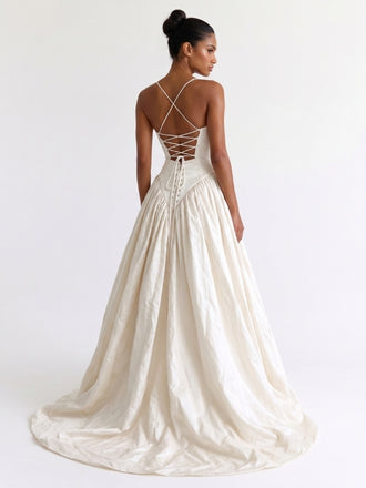 Ivory Taffeta Spaghetti Strap Basque Waist Corset Lace Up Wedding Dress 26040