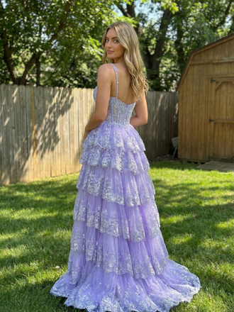 Lavender A-Line Lace Tulle Prom Dress Tiered Corset Slit Gown, 26012