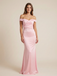 Light Pink Off Shoulder Ruched Mermaid Satin Prom Dress Evening Gown, 26014