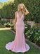Light Pink Pearl Prom Dress V-Neck Open Back Mermaid Gown, 26013