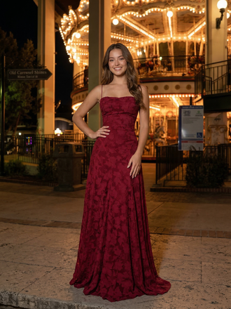 Light Pink Textured Floral Square Neck Lace Up A Line Prom Dress, 26015