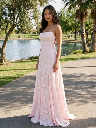 Light Pink Textured Floral Square Neck Lace Up A Line Prom Dress, 26015