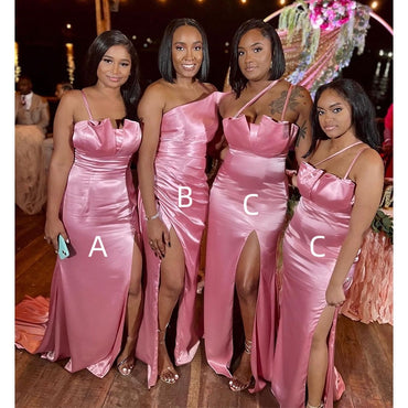 Mismatched Pink Mermaid Side Slit Mermaid Maxi Long Bridesmaid Dresses,WG1650