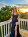 Navy Blue Satin Off Shoulder Sequin Corset Prom Dress, 26010