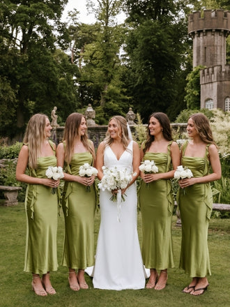 Olive Green Satin Square Neck Cascading Ruffle Trim Slip Bridesmaid Dress 26036