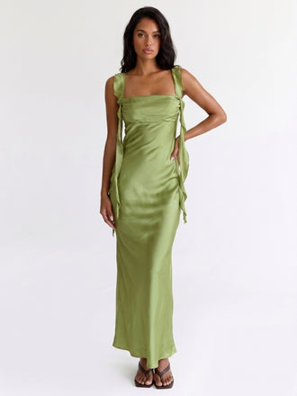 Olive Green Satin Square Neck Cascading Ruffle Trim Slip Bridesmaid Dress 26036