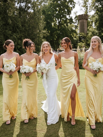 Pale Yellow Satin Cowl Neck Open Back Tie High Slit Bridesmaid Dress 26038