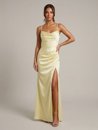 Pale Yellow Satin Cowl Neck Open Back Tie High Slit Bridesmaid Dress 26038
