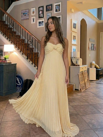 Pleated Strapless Knot Front A Line Flowy Chiffon Prom Dress, 26026