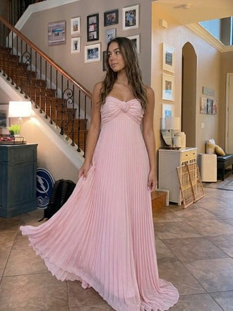 Pleated Strapless Knot Front A Line Flowy Chiffon Prom Dress, 26026