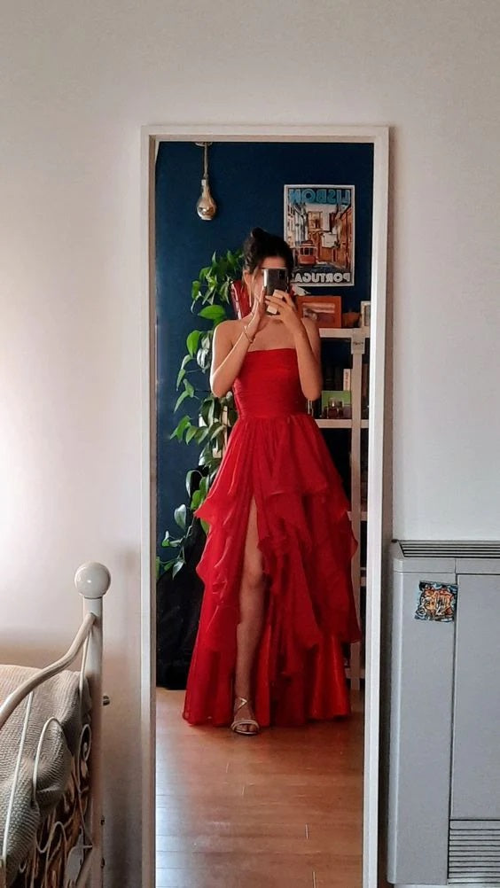 Popular Red A-line Side Slit Maxi Long Party Prom Dresses,Evening Dress,13266