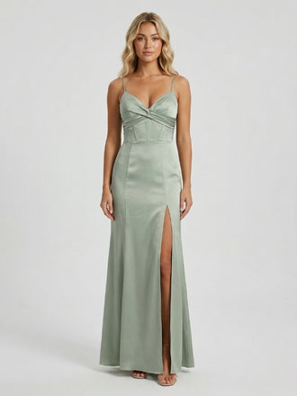 Sage Green Satin Spaghetti Strap Twist Bust Corset Bridesmaid Dress 26033
