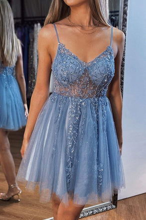 Sexy Blue A-line Spaghetti Straps Short Prom Homecoming Dresses,CM970
