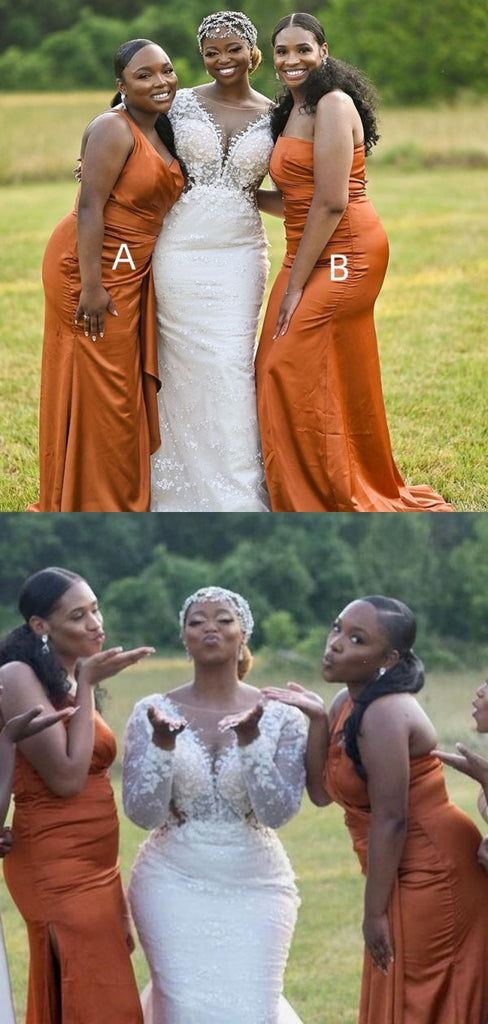 Sexy Burnt Orange Mermaid Maxi Long Bridesmaid Dresses For Wedding Party,WG1590