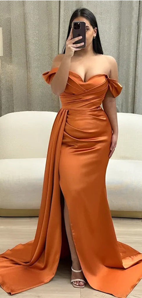 Sexy Burnt Orange Mermaid Off Shoulder Maxi Long Bridesmaid Dresses For Wedding,WG1572