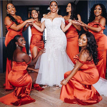 Sexy Burnt Orange Mermaid Off Shoulder Maxi Long Wedding Guest Bridesmaid Dresses,WG1554