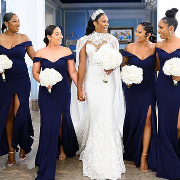 Sexy Mermaid Off Shoulder Navy Blue Wedding Guest Bridesmaid Dresses,WG1543