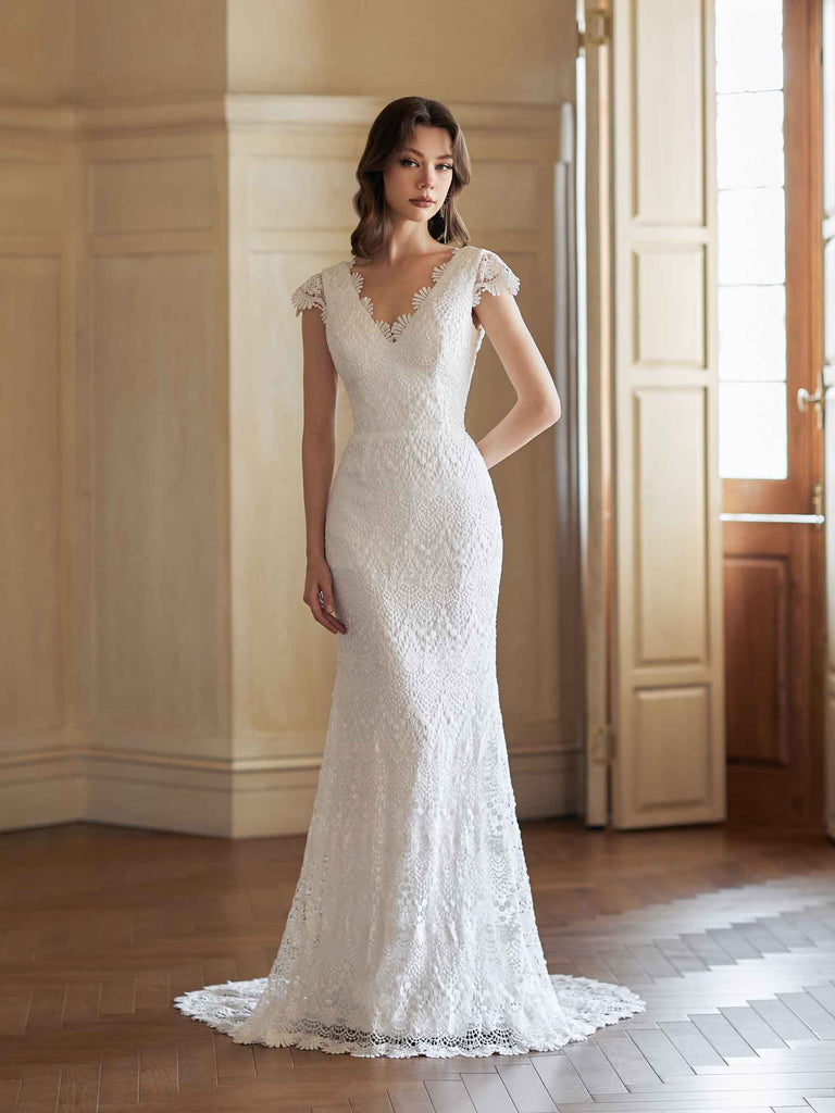 Sexy Mermaid V-neck Open Back Handmade Lace Wedding Dresses,WD794