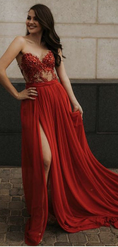 Sexy Red A-line Sweetheart High Slit Long Party Prom Dresses,Evening Dress,13113