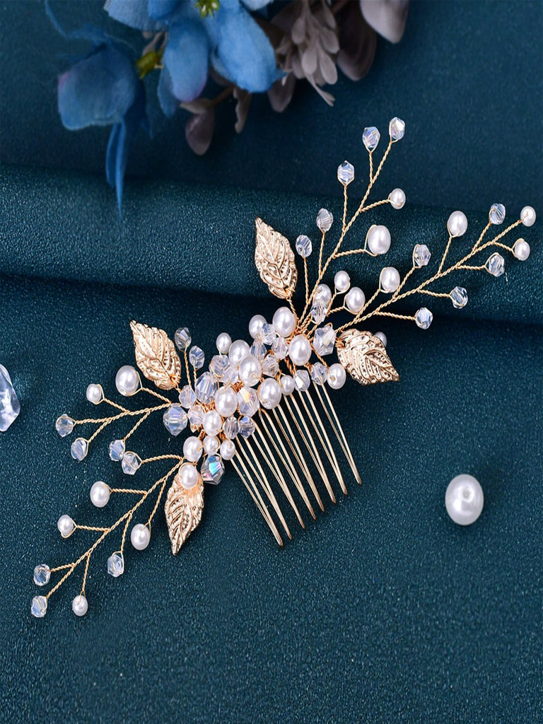 Sparkly Ladies Pearl Crystal Hair Comb Gold Alloy Leaf Hair Accessories for Women, HP180