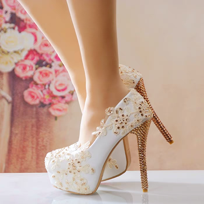 Women's Wedding Shoes Decorative Lace Wedding Heels Bridal Shoes, H89