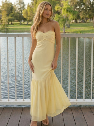 Yellow Chiffon Strapless Sweetheart Sheath Maxi Prom Dress, 26024