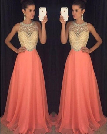 2017 Peach Halter Evening Prom Dresses, Long Beaded Party Prom Dress, Custom Long Prom Dresses, Cheap Formal Prom Dresses, 17068