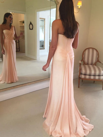 Blush Pink One Shoulder Mermaid Chiffon Custom Long Evening Prom Dresses, 17365